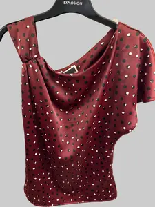 Burgundy One-Shoulder Polka Dot Silk Blouse