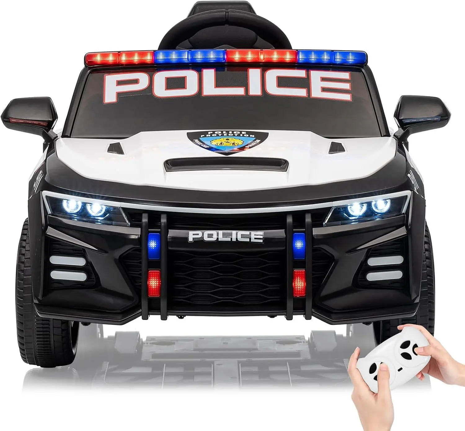 Gaomon 12V Modular Kids Ride-On Police Car (White) for 37+ Months, 3-Speed Remote Control, 30W Motor, Flashing LED Patrol Lights, Siren, Megaphone, MP3/TF Music Play, Soft Start, Buckle-Lock Belt, Spring Suspension