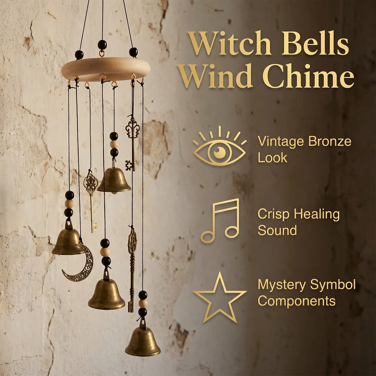 Witchy Vintage Copper Bell Wind Chime Windchimes, Star Moon Key Mystery Pendant, Healing Clear Sound, Decorative Home/porch/window Decor