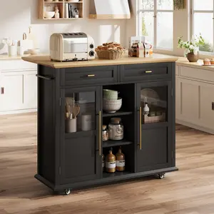 Rolling Kitchen Island Cart with Widen Drop Leaf - 3-Tier Shelves, Mobile Coffee Bar, Wood Top for Kitchen, Dining Room, Small Spaces - Black/Natural & White/Natural Finishes