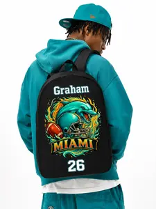 Miami Fans Football Canvas Backpack - Customize Name & Number School Bag, Functional Gift for Students