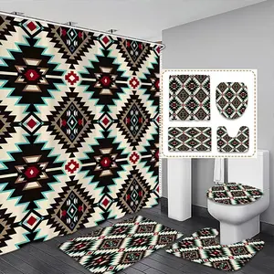 Boho Style Bathroom Accessories, 1 Set Including Shower Curtain & Toilet Lid Cover & Floor Mat & U-shaped Mat, Bathroom Decor Supplies