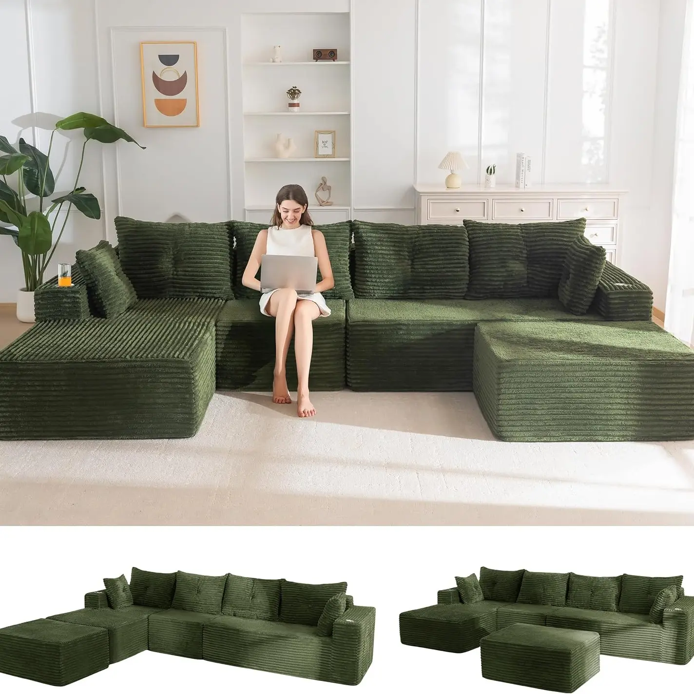 Green Large U Shape-Left Facing Chaise