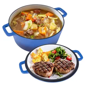 26cm 2-in-1 Enameled Cast Iron Dutch Oven with Skillet Lid, Heavy Duty Soup Pot for Braising, Baking and Daily Cooking braiser pan