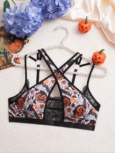 Women's Halloween Wireless Bra, Ghost Party Top with Pumpkin & Bat Cutouts, Medium Support Lace Bralette, Cross Lace Bra, Comfortable Casual Wear