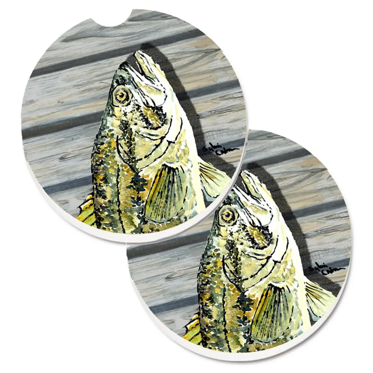 Absorbent Sandstone Fish Bass Small Mouth Car Coaster Set of 2, Drinking Cup Holder Insert with Cut Out for Easy Removal