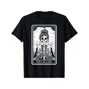 Summer t Shirts [Fast Arrival] Cat Lady Tarot Card Skeleton Kitten Lover Cat Lover T-Shirt for Men Women