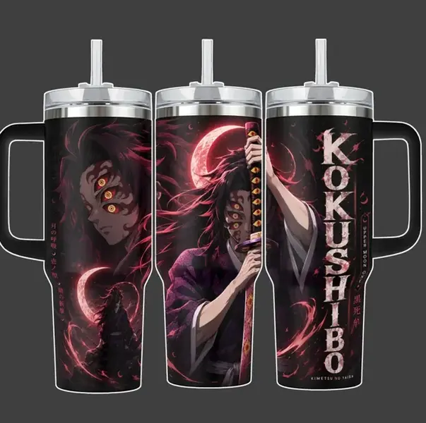 [Gift Box & Straw] 20oz, 40oz Moon Warrior Anime Inspired Stainless Steel Tumbler with Handle, Dark Red Moon Vacuum Insulated Travel Mug, Manga Coffee Cup, Gift for Anime Fans