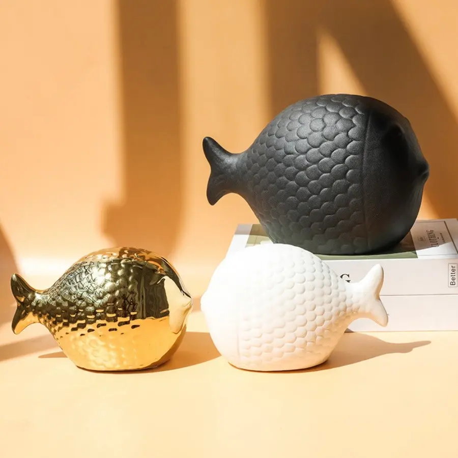 Simple Kissing Fish Ceramic Decorative Ornament, Entryway TV Cabinet Display, Yearly Fish Art Decoration, Minimalist Home Accent