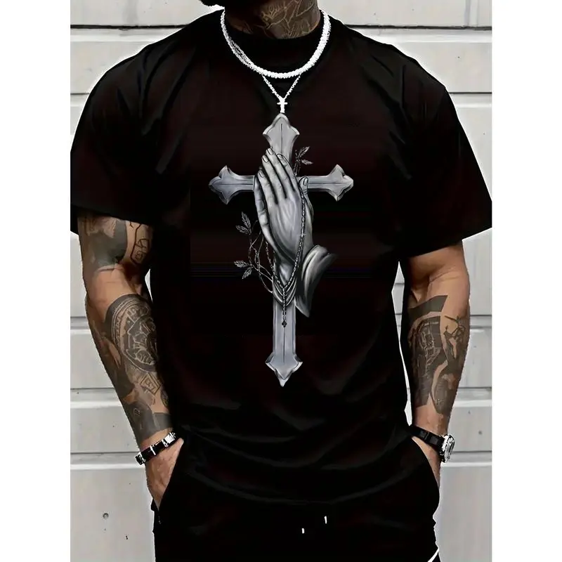 Men's T-Shirt with Cross and Prayer Case - Short Sleeve, Black - Combine and Fitness, Gym Shirt Sweatshirt Printed in USA Graphic tshirt funny T Shirt Novelty Tees Casual Streetwear Undershirts Men's Women Classic Cotton Plain  Moisture Wicking Short