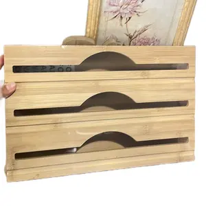 3 in 1 Wrap Organizer with Cutter and Labels, plastic wrap,aluminum Foil, and was bamboo Dispenser for kitchen storage Organizer Holder for 12 " roll (Natural)  Utensils Containers