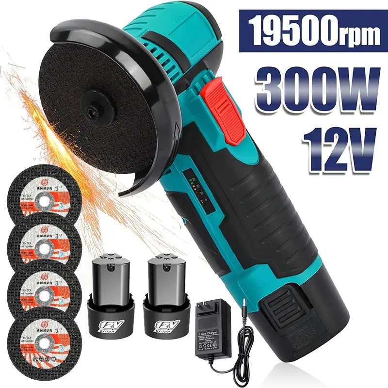 12V Cordless Mini Brushless Angle Grinder Kit with 4 Gutting Blades,2 pcs 12V 1300mAh Batteries 19500 RPM/Min，for Cutting Grinding Polishing Electric