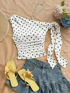 Women's Y2K Style Polka Dot Print Ruched Asymmetric Shoulder Top, Womenswear, Casual Summer Shirt for Women, Trendy Fashion Apparel