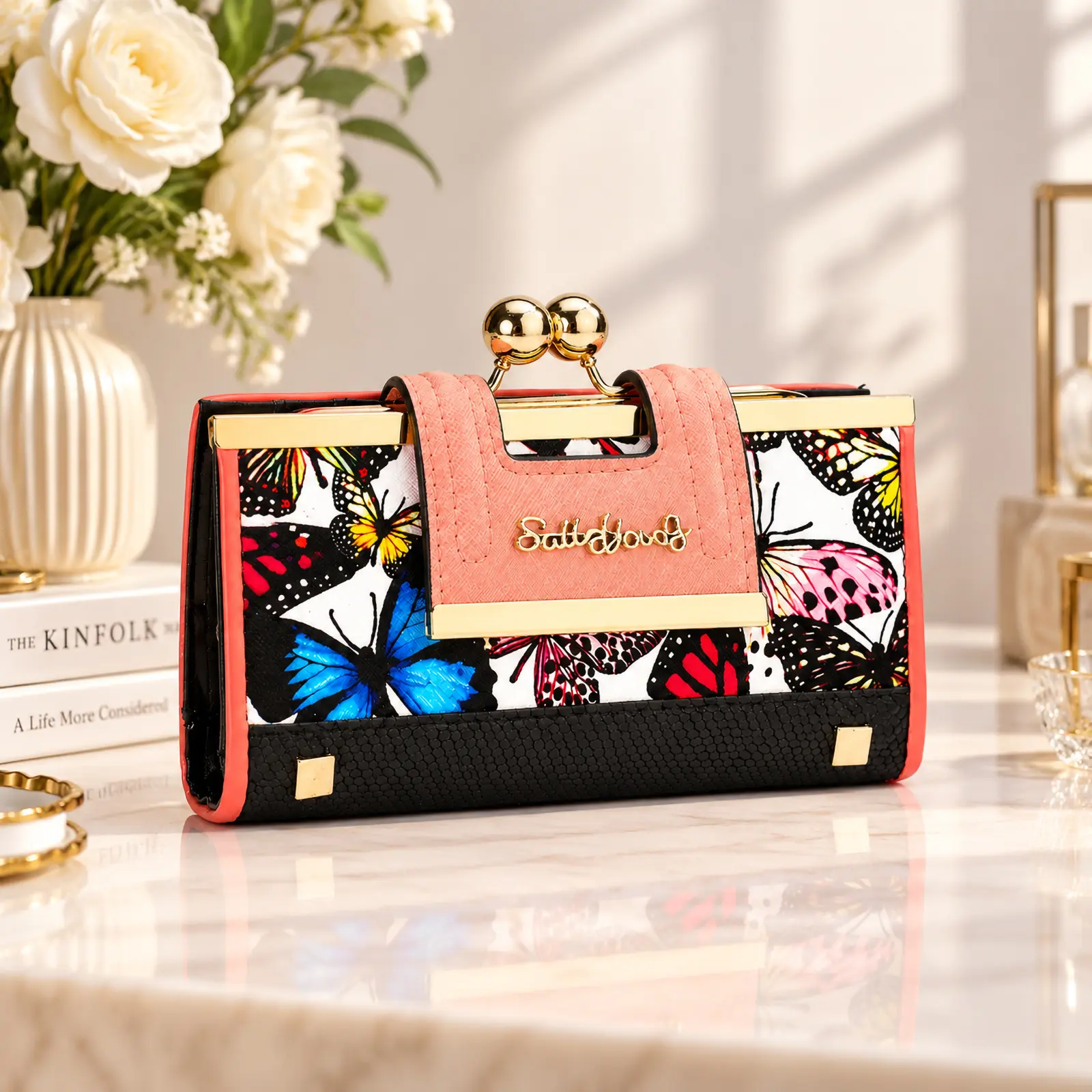 Women's Vintage Floral Print PU Leather Kiss-lock Clutch Wallet with 10 Card Slots, Bill Compartments, Secure Closure, Gift Box for Daily Use, Gifting
