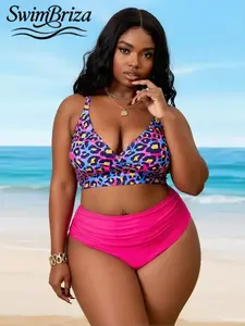 Briza｜Supportive Colorful Leopard Two-Piece Swimsuit With Hot Pink High Waisted Bikini Sets, Plus Size Swimsuits For Women With Tummy Control Swimwear And Bathing Suits 2 Piece Set Style For Vacation Swimwear For Women With Beach Confidence