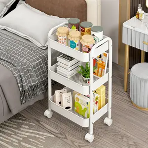 White 3 Tier Metal Rolling Utility Cart with Wheels & Locking Brakes, Heavy-Duty Movable Storage Organizer Trolley, Ventilated Mesh Basket Shelf for Bathroom, Kitchen, Baby Nursery, Cleaning Supplies, Art Craft, Nail Salon, Snack and Book Organization