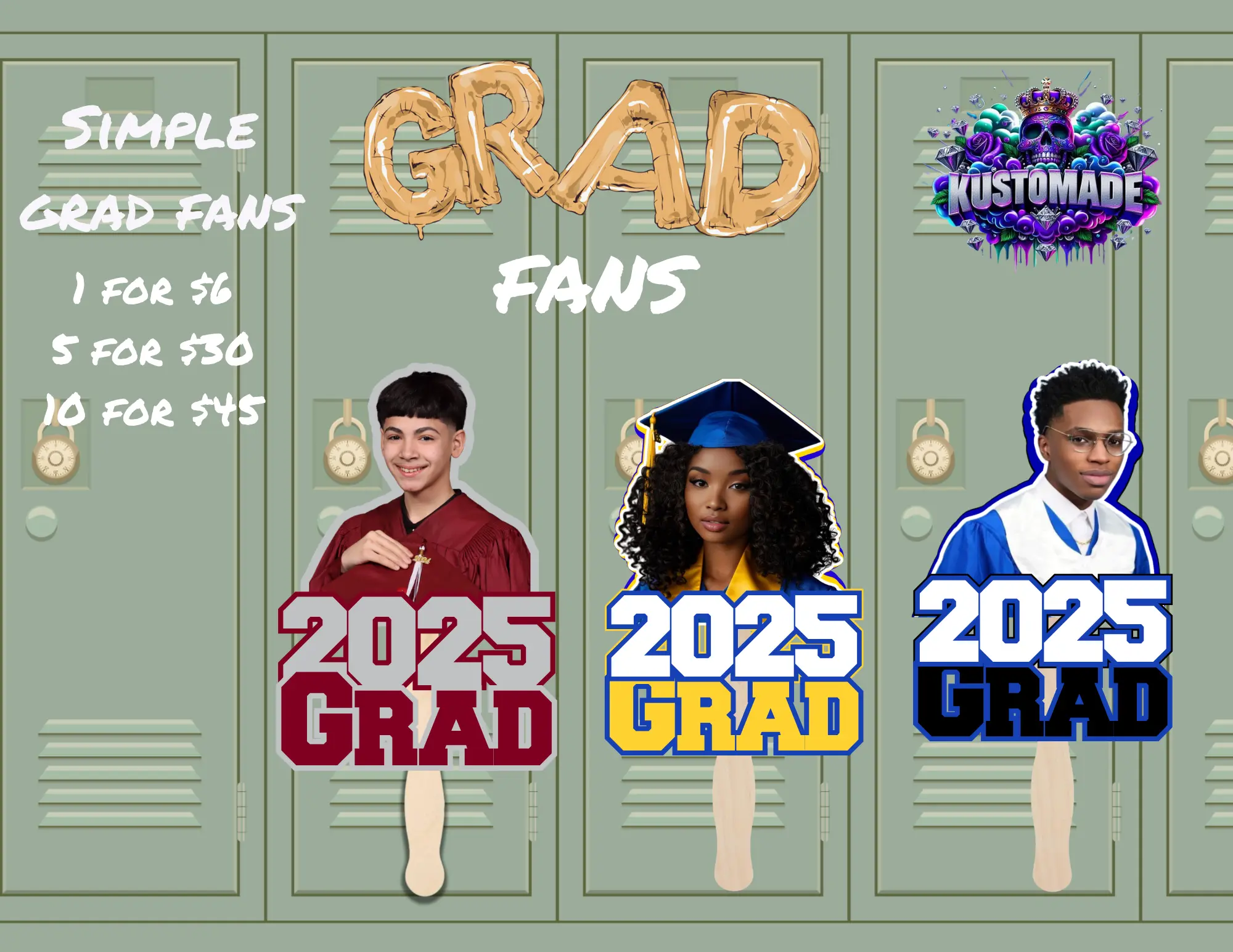 Kustomade Simple Grad Fans 2025 Personalized Customizable Designs Stay Cool Comfortable for Outdoor Ceremonies Unique Keepsake Gift
