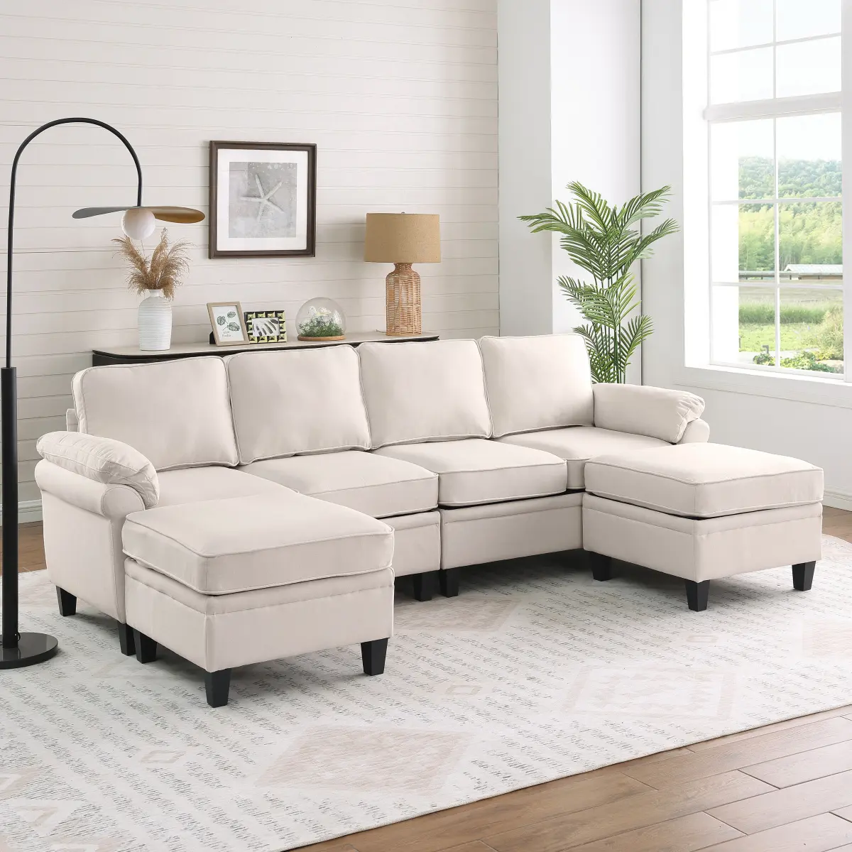 102 Inch Beige  linen fabric modular combination sofa, L-shaped cloud sofa with storage space under the sofa, DIY combination for living room use