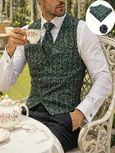 Alizeal Mens Floral Vest with Tie Pocket Square 4pcs Set Elegant Formal Casual Menswear for Spring Wedding and Party