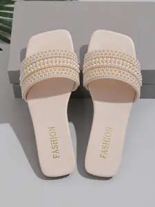 Women's Faux Pearl Decor Slip-On Flat Beach Slides Sandals, Casual Versatile Square Toe Beach Vacation Shoes, Lightweight Breathable Comfort for Daily Wear