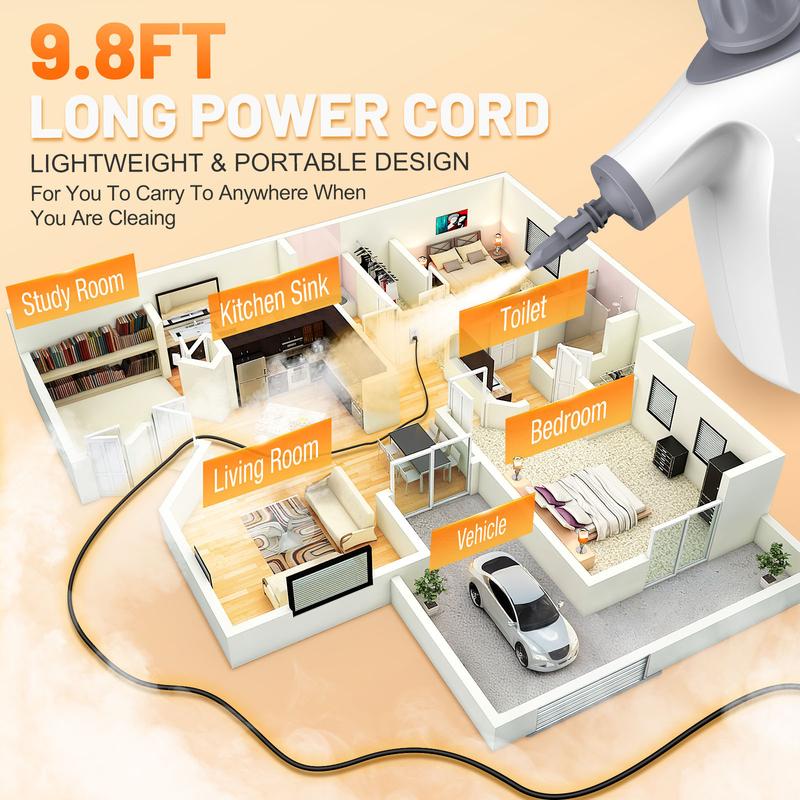 Phueut 1250W Pressurized Steam Cleaner with 11-Piece Accessories 360-Degree Angle for Floor Grout Tile Grease Multipurpose Home Cleaning Tool 15.2OZ Water Tank Capacity