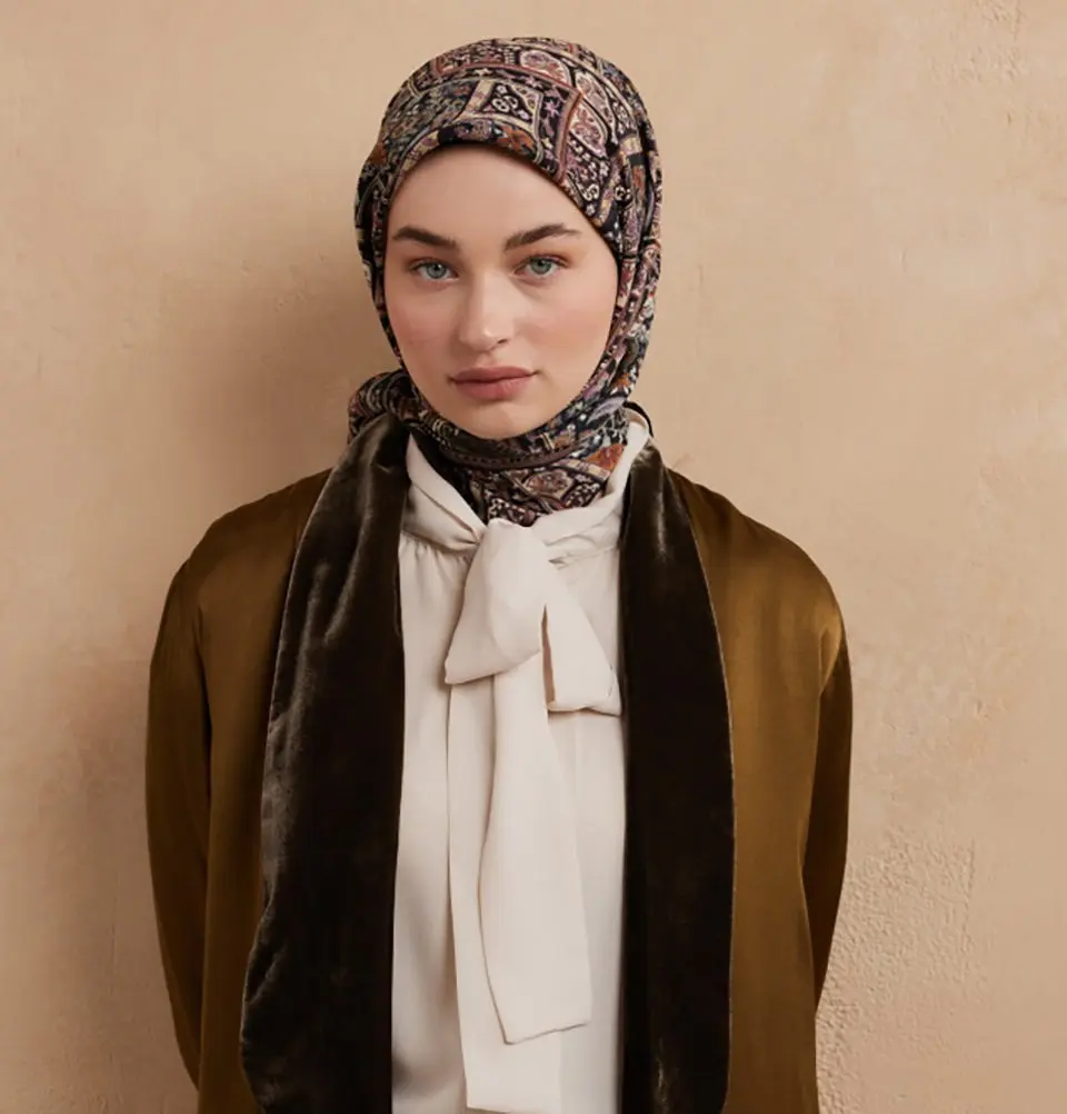 Modal Silk Blend Bohemian Breeze Nordic Square Hijab - Chocolate Coffee