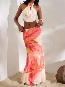 Women's Knitted Mesh Floral Print Low Waist Slim Fit Mermaid Hem Skirt, Bohemian Style, Casual Fashion, Perfect for Daily Wear