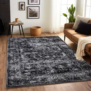 Black Washable Vintage Faux Wool Rug , 0.3in Low Pile Non-Slip Carpet | Bedroom, Home Office, Kids Room & Bedside,4x6, 5x7, 6x9, 8x10, 9x12 Feet