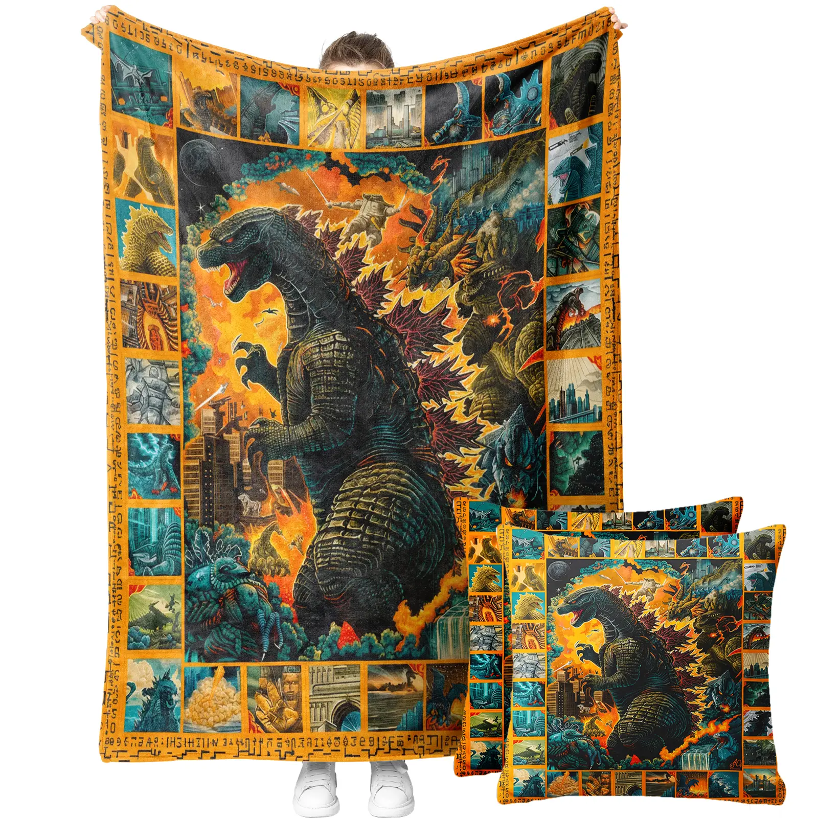 Monster Theme Viral Flannel Blanket and Throw Pillow Cover without Pillow Core Set – Home Decor Set for Monster Movie Fans,Perfect Gift for Kaiju Fans,Trendy Sci-Fi Home Decor Bundle for Bedroom Monster Theme Viral Flannel Blanket and Throw Pillow Cover without Pillow Core Set – Home Decor Set for Monster Movie Fans,Perfect Gift for Kaiju Fans,Trendy Sci-Fi Home Decor Bundle for Bedroom