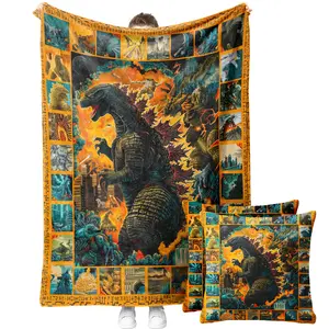 Monster Theme Viral Flannel Blanket and Throw Pillow Cover without Pillow Core Set – Home Decor Set for Monster Movie Fans,Perfect Gift for Kaiju Fans,Trendy Sci-Fi Home Decor Bundle for Bedroom