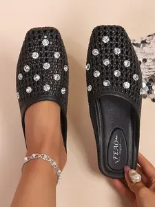 Summer New Woven Hollow Out Half Slipper, Fashion Square Toe Mule Shoes, Mid Heel Breathable Lazy Sandals, Anti-Slip Soft Sole Women's Slippers