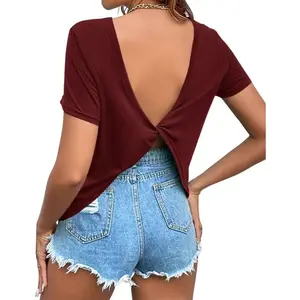Women's Twist Backless Short Sleeve T Shirts Tops Round Neck Curved Hem Casual Workout Tee T-Shirts