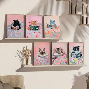 6PCS/set Frameless Fun Cat Reading on Bed Posters, Modern Pink Canvas Wall Art, Cute Animal Cat Home Decoration for Bedroom or Dorm, Unframed Wall Art