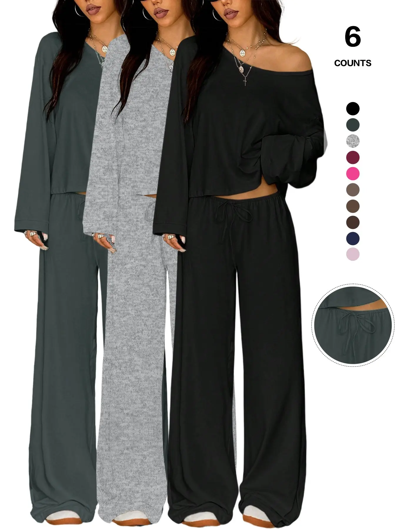 Two Piece Matching Casual Loungewear Lounge Sets for Women Pajama Set Off Shoulder Long Sleeve Sweatshirt Wide Leg Adjustable Drawstring Palazzo Pants for Fall, Vacation, Airport Pjs Nightwear, Womenswear