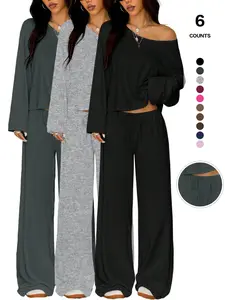 Two Piece Matching Loungewear Lounge Sets for Women Off Shoulder Sweatshirt Wide Leg Palazzo Pants for Fall, Vacation, Airport