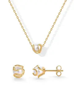 PAVOI 14K Gold Plated Round Shell Pearl Jewelry Set for Women - Gold Pearl Necklace and Earring Set with Pendant Necklace and Caged Stud Earrings Pack