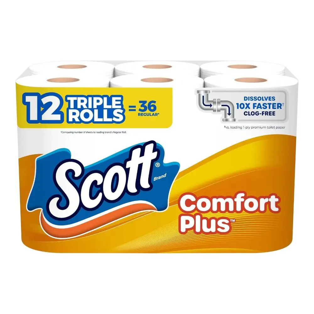ComfortPlus Toilet Paper 12 Triple Rolls 36 Regulars 1-Ply 231 Sheets Per Roll Absorbent Clog Free Septic Safe White Unscented