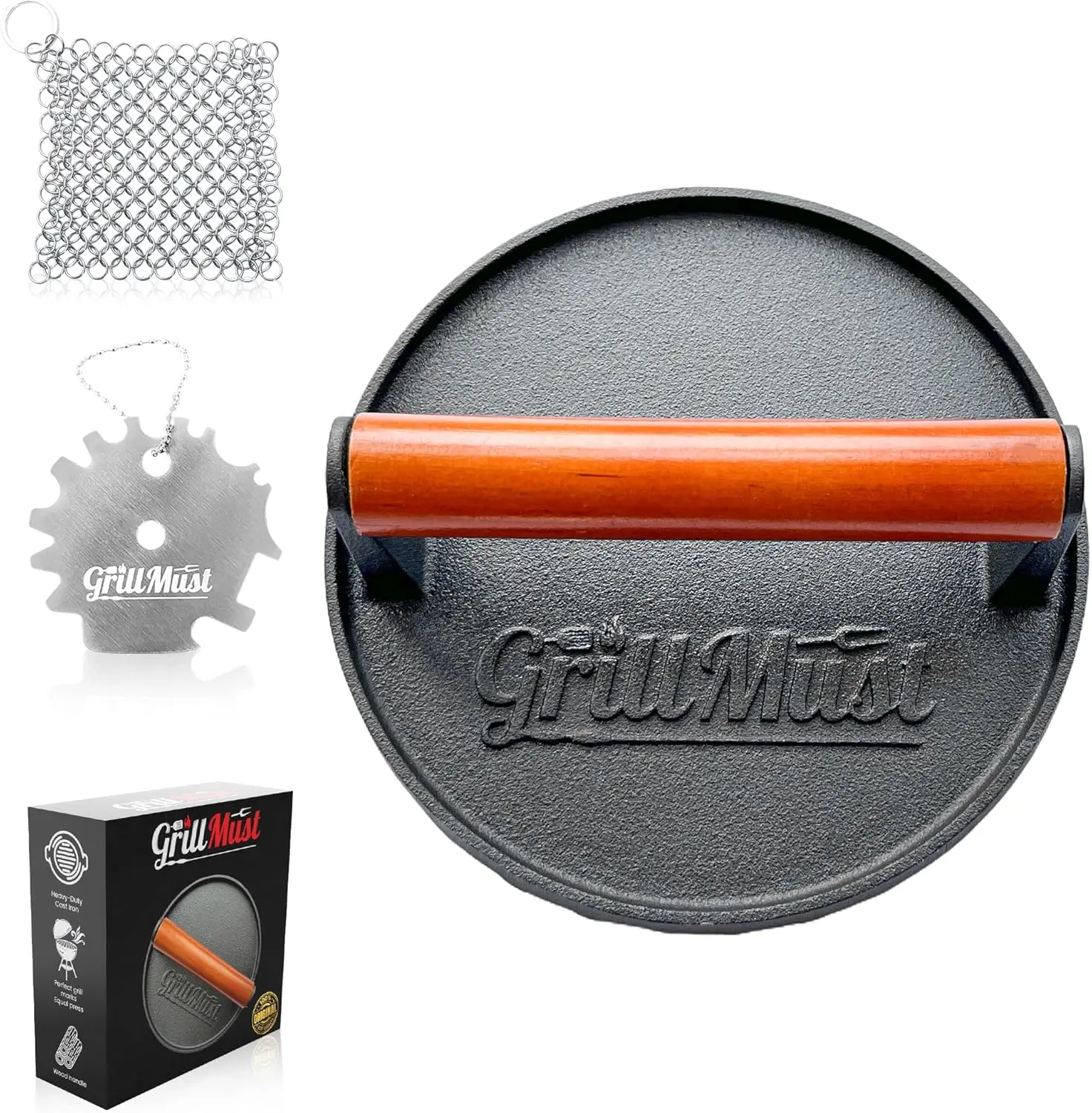 Grill Burger Press Premium Bacon Press Set: 7″ Meat Press Cast Iron for Perfectly Griddle Seared Bacon | Burger Press Cast Iron Set Includes Grill Scraper & Scrubber | Ideal Gift for Men.