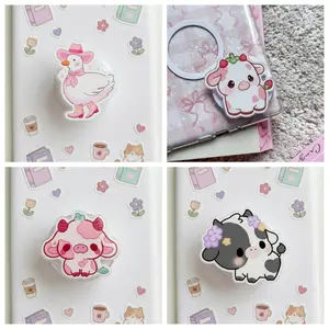 Kawaii Pink Cartoon Animal Phone Grip, Cute Anti-Slip Finger Holder Stand, Expandable Kickstand for iPhone Android