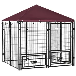 PawHut 4.6' x 4.6' x 5' Outdoor Dog Kennel, Welded Wire Heavy Duty Dog Run with 360° Rotating Bowls, Dog Kennel Outside with Waterproof & UV Resistant Cover, for S&M Dogs