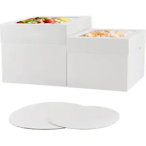 10 count 12x12x10 10x10x8 Cake Boxes Set (5 Boxes & 5 Boards) with Windows Large in 2 Sizes Tall Bakery Boxes Disposable Carrier Take Out Container, Boxes in 2 Tier for Valentine's Day