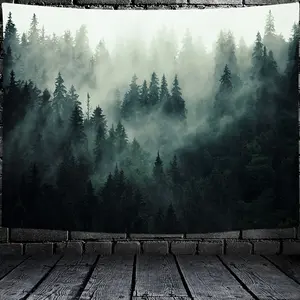 1Pc Misty Forest Wall Hanging Tapestry, Durable Decorative Tapestry - Natural Fog Tree Polyester Backed, Wall Mounted home, office - Harmonious Mountain View with Pine and Rolling Hills, Interior Decor, Party Decor, Free Installation