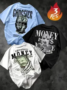 3-Pack American Hip-Hop Streetwear T-Shirts, Bill Mask Print, Men's Loose-Fit Short Sleeve Casual Tops, Trendy Fashion Apparel