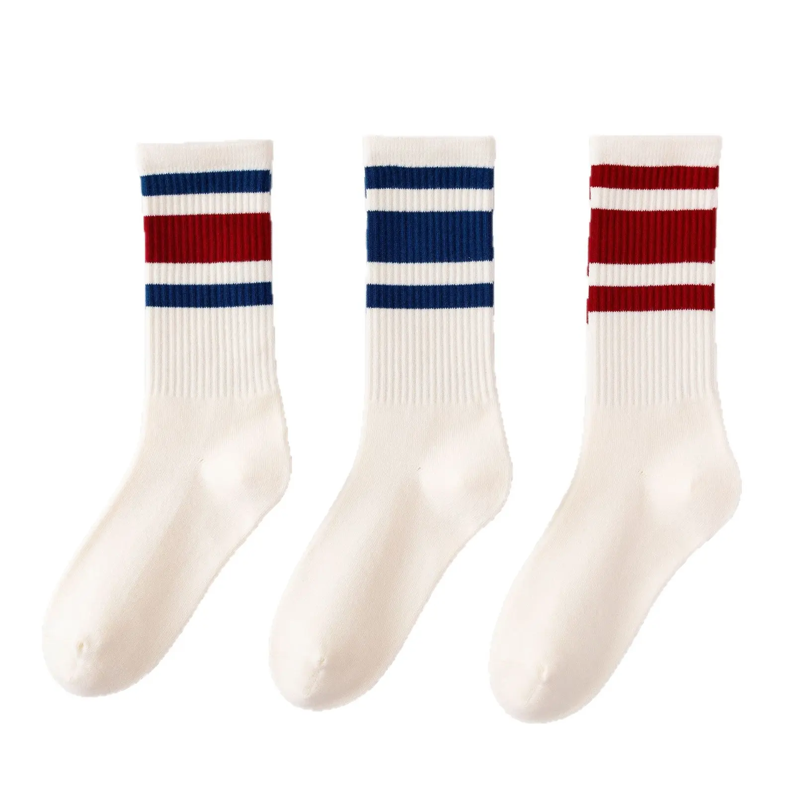 Women's Handmade Mid-Calf Cotton Socks - West Coast Skateboard Stacked Stripe, Workwear-Style, Athletic Activewear Socks