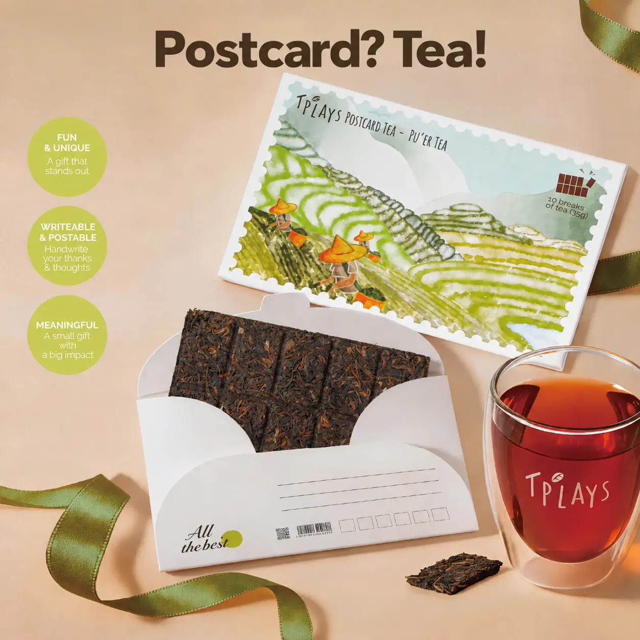 TPlays Nature-Inspired Pressed Pu'er Pure Tea Postcard Gift - Tea-Infused, Customizable Message Space, Ideal for Graduation, New Job Gifting