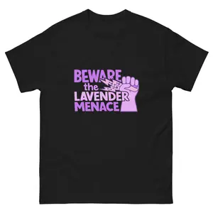 Beware Lavender Menace T-Shirt | 1970s Vintage Lesbian Feminist Graphic | Retro Aesthetic Pride Tee | Queer History Streetwear | Premium Soft Cotton