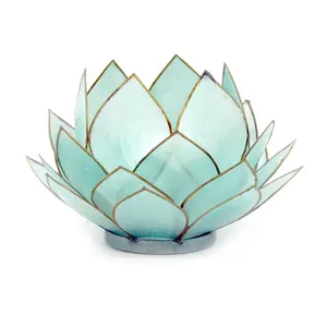 Light Blue Capiz Shell Opening Lotus Flower Bulb Tealight Candle Holder