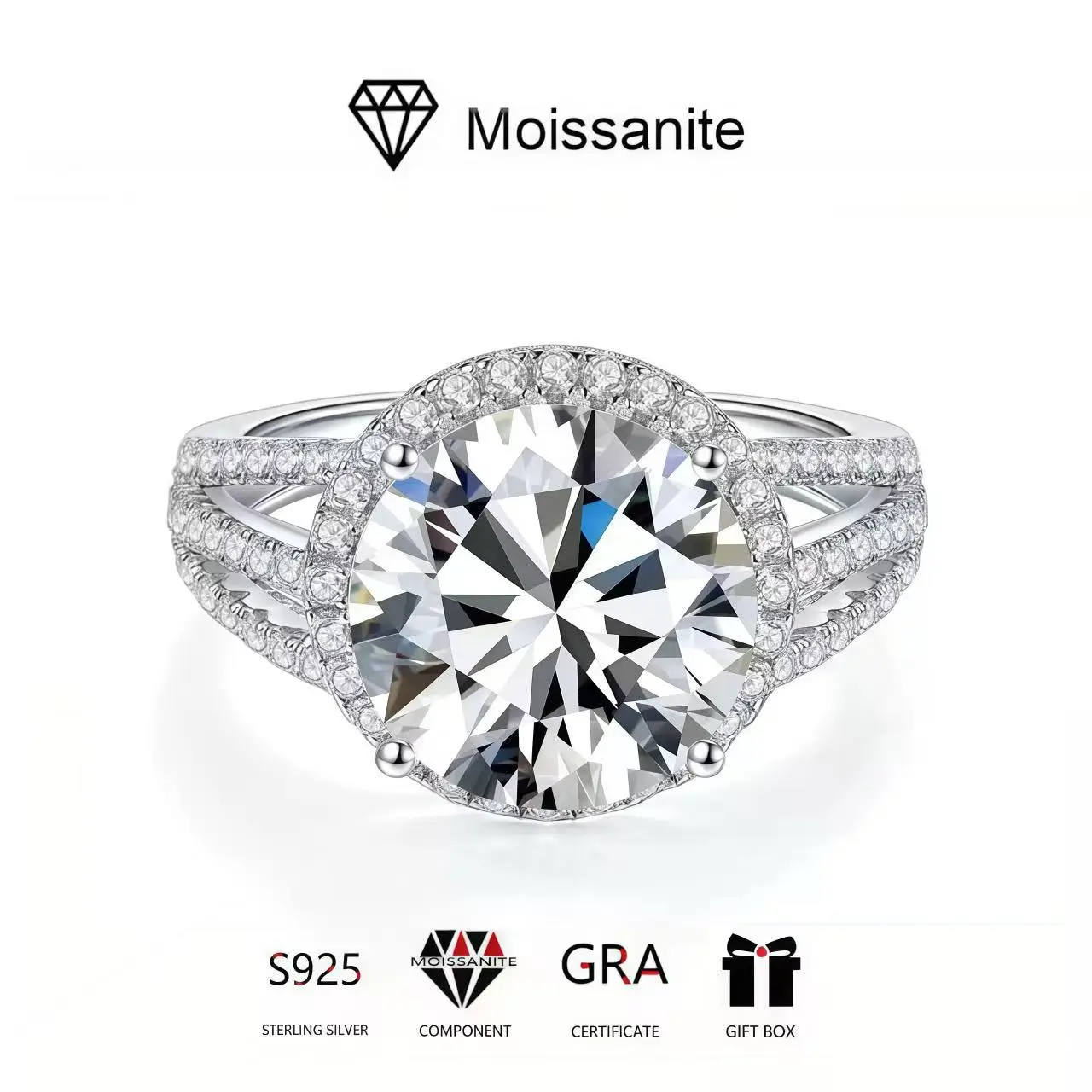 925 Sterling Silver Moissanite Engagement Ring, 2-3 Carat Round Inlay Band, Elegant and Simple Design, Suitable for Daily Wear, Parties, Weddings, Valentine's Day Gift, Weight 3.72 Grams