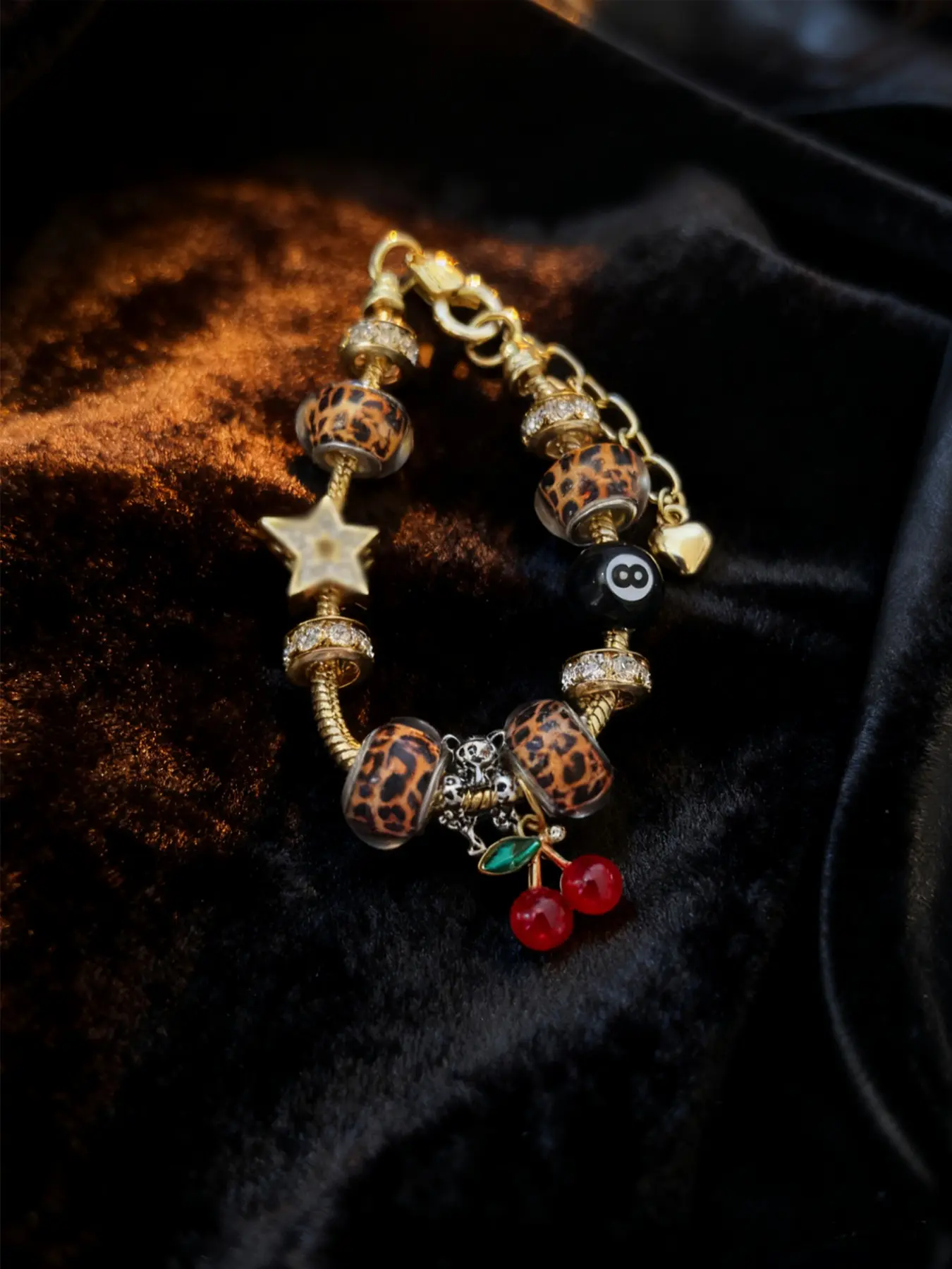 Women's Leopard Print Rhinestone Cherry Pendant Bracelet, Sexy Style Iron Chain Jewelry for All Seasons, Perfect Gift for Women, Trendy Jewelry, Charm Bracelets, Exquisite Trendy Bracelet, Fashionable Bracelet
