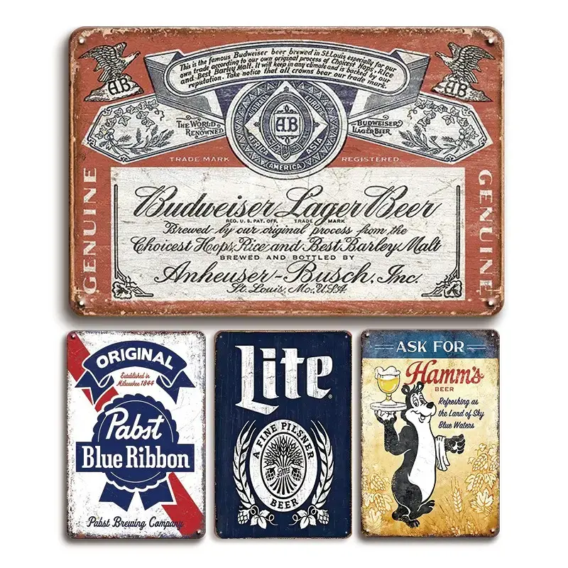 4 Piece Set Vintage Metal Tin Sign Plaque, Decorative Wall Art for Home Bar Pub Bedroom Garage & Wine Cellar, Beer Logo Design, Living Room & Home Office Decor, Home Business Decor, Vintage Plaque Decoration, Home Decor Products